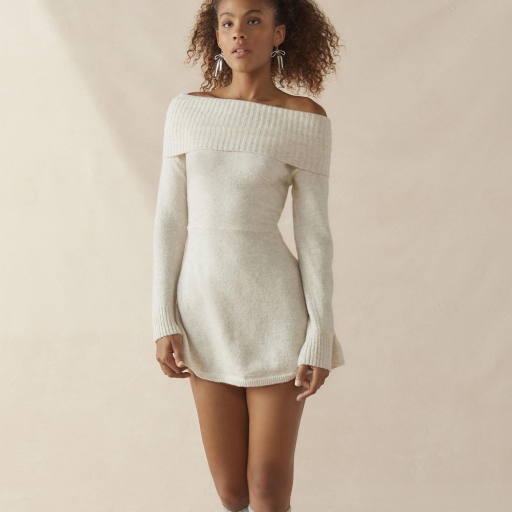Urban Outfitters Blake Knit Off the Shoulder Mini Dress in Ivory